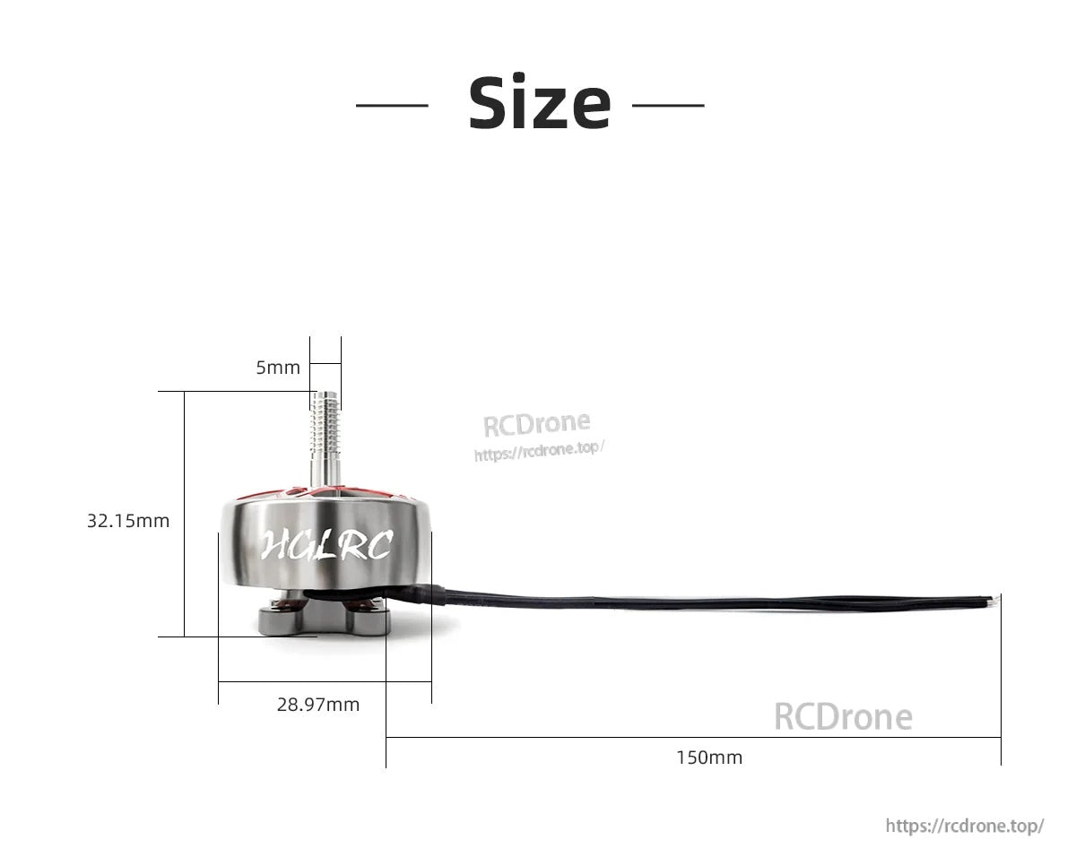 Size chart for motor showing Φ28.97×32.15mm body dimensions, 5mm shaft, and 150mm wire length