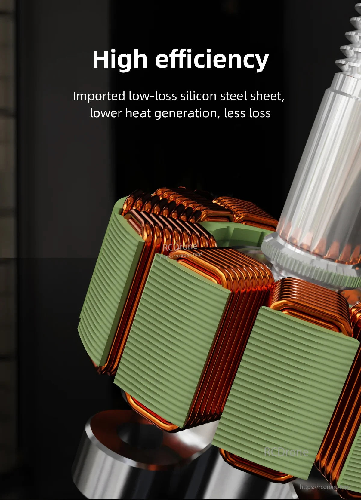 Detail of laminated silicon steel stator teeth and copper windings for reduced heat and loss