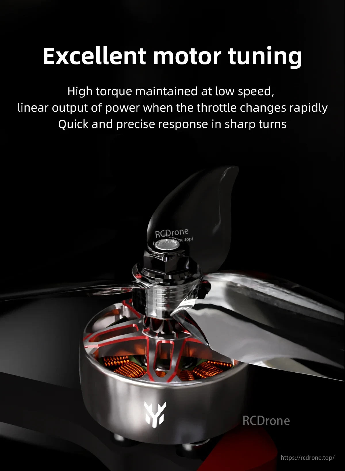 Motor with propeller installed, highlighting the bell design and tuning for quick throttle response