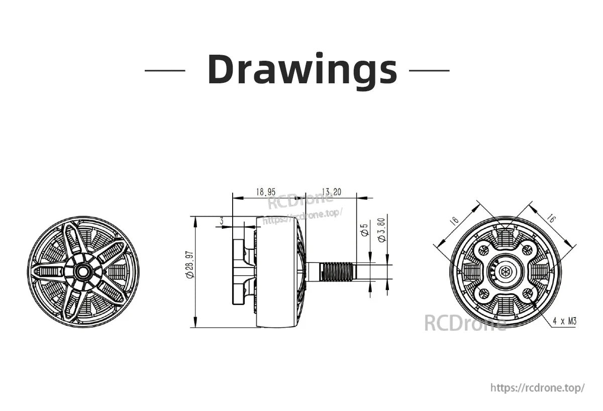 Dimension drawing with side and bottom views, including 16×16 mounting pattern and 4×M3 holes