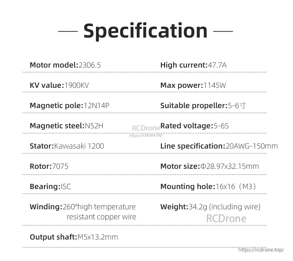 Specification table for 2306.5 1900KV motor listing max current 47.7A, max power 1145W, 5–6S and 20AWG lead