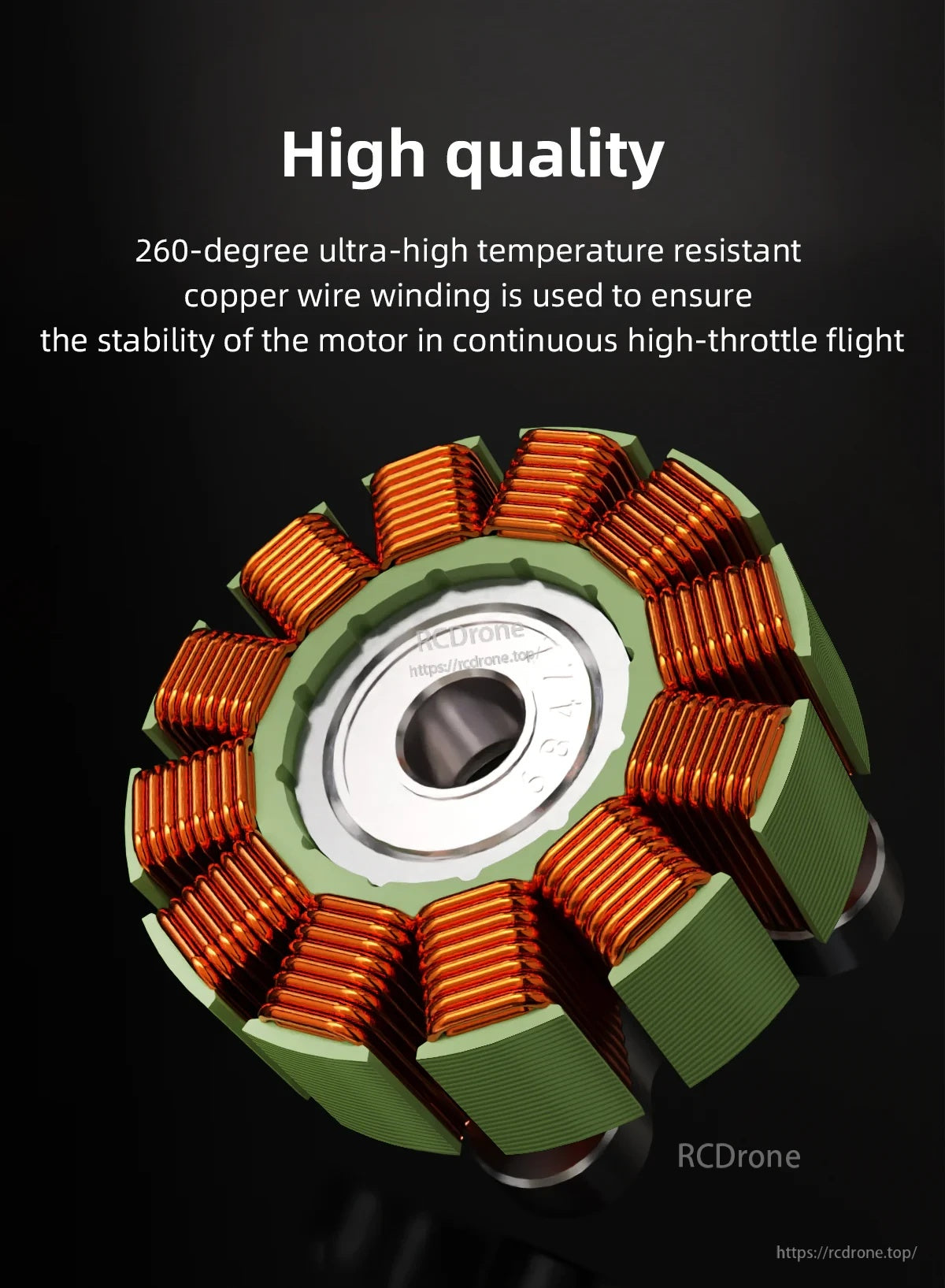 Close-up of stator with tightly wound copper coils around the laminated core