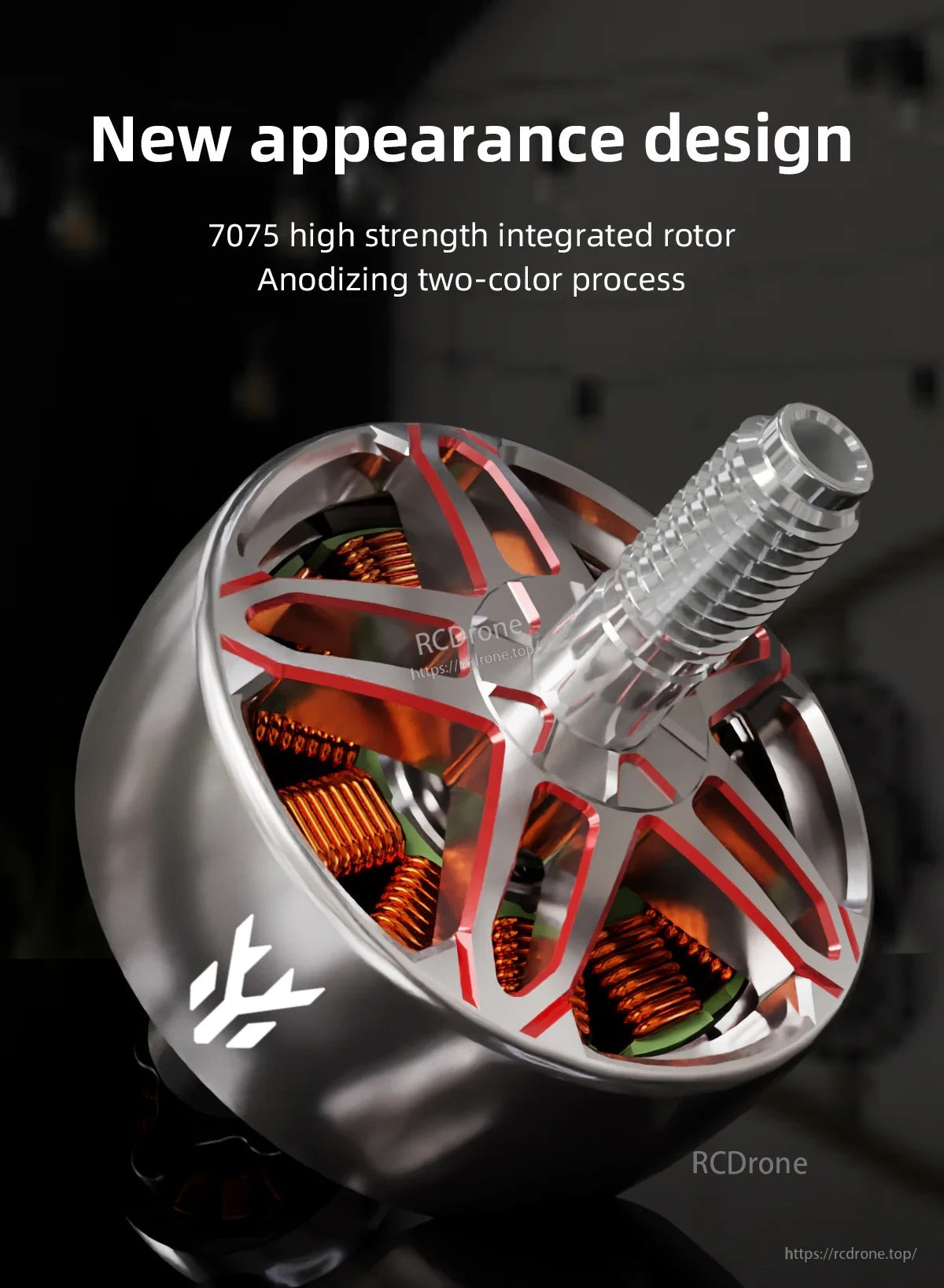 Angled top view of the 7075 integrated rotor with two-tone anodized spokes and exposed copper windings