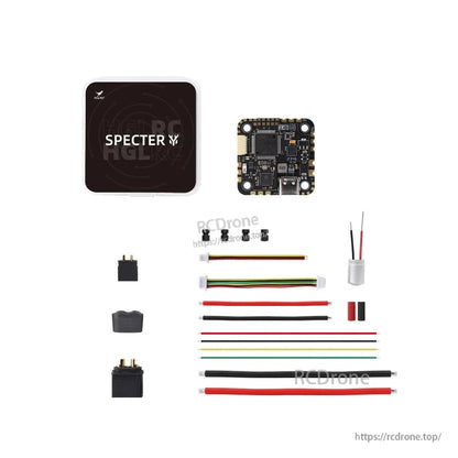Package contents layout: SPECTER flight controller, case, plugs, wires, standoffs, and accessories