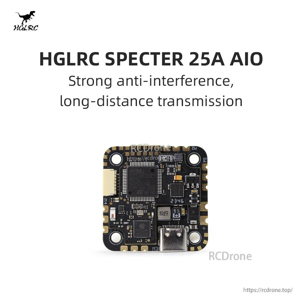 HGLRC SPECTER 25A AIO promotional graphic with product photo and "Strong anti-interference" text