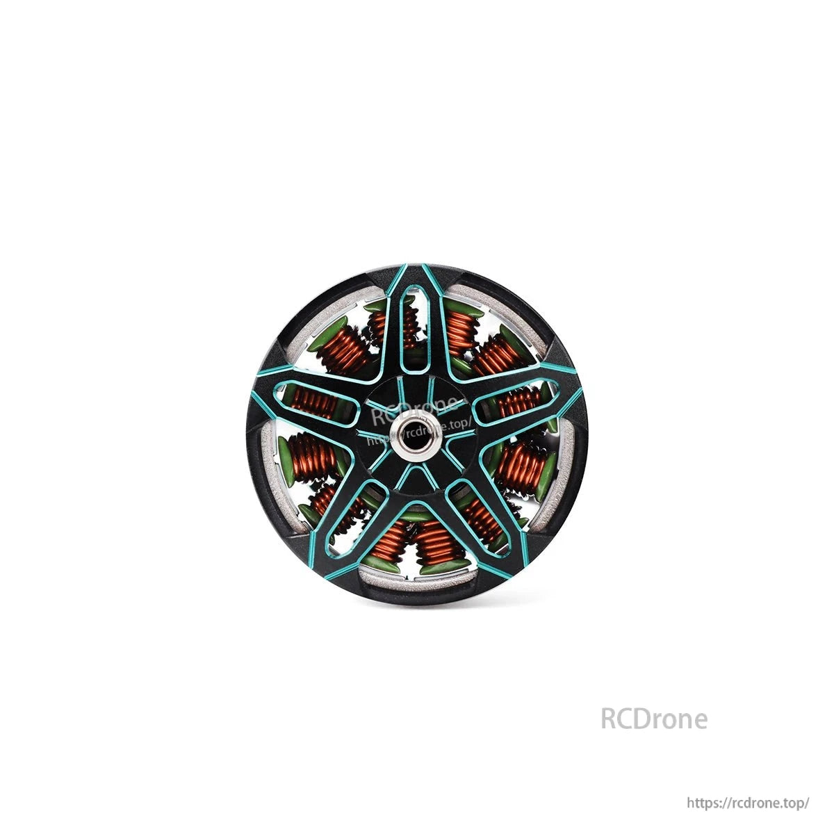 Top-down view of motor rotor bell with teal spokes, center bearing opening, and visible copper windings
