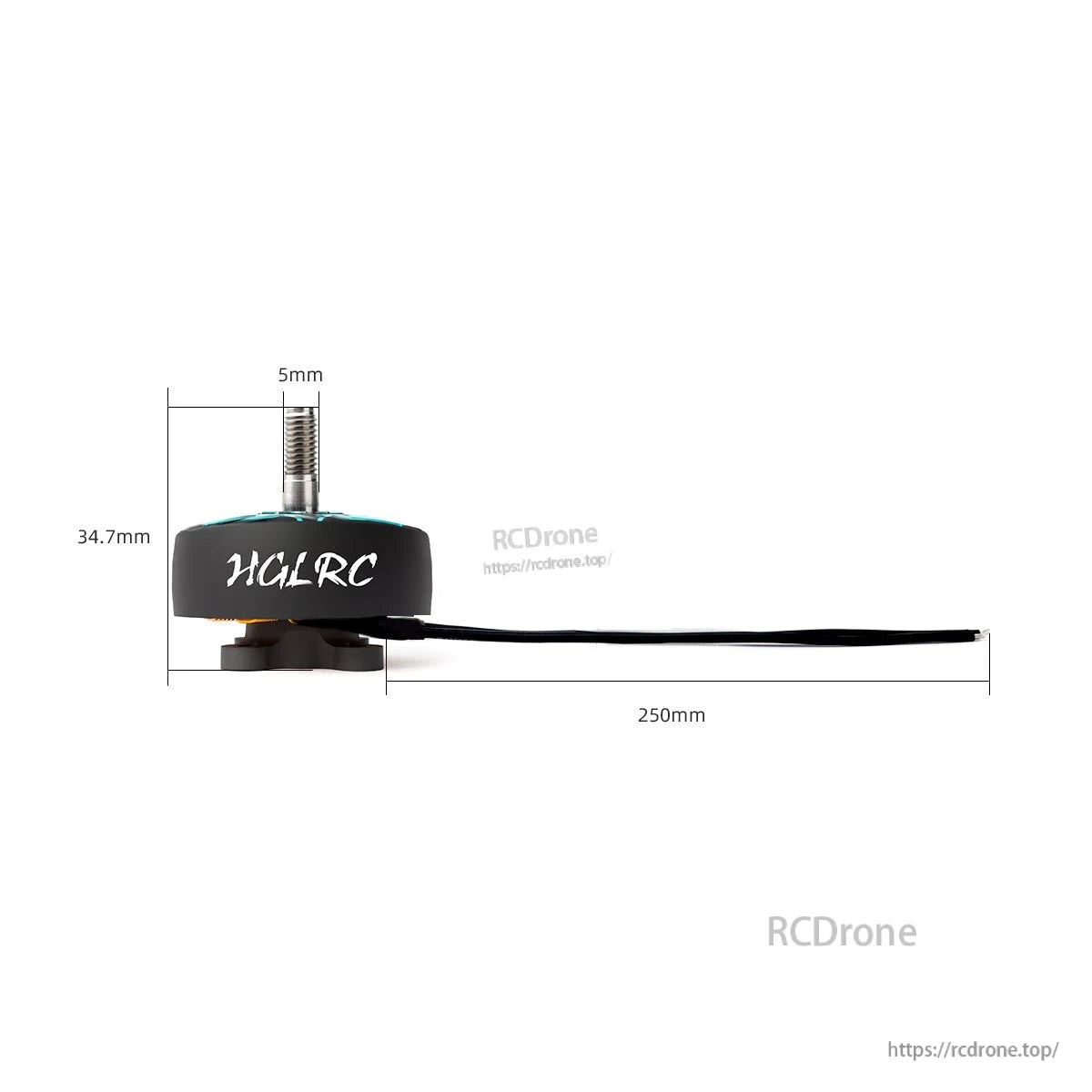 Side profile with dimensions shown: 34.7mm motor height, 5mm shaft, 250mm lead wire length