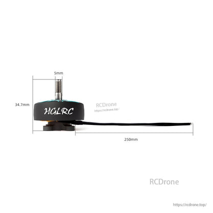 Side profile with dimensions shown: 34.7mm motor height, 5mm shaft, 250mm lead wire length