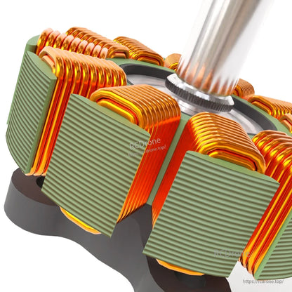 Macro close-up of stator laminations and copper windings around the motor shaft