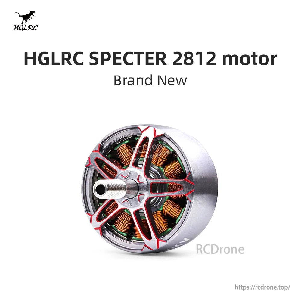 Angled view of motor bell and 5mm threaded output shaft with red accent spokes