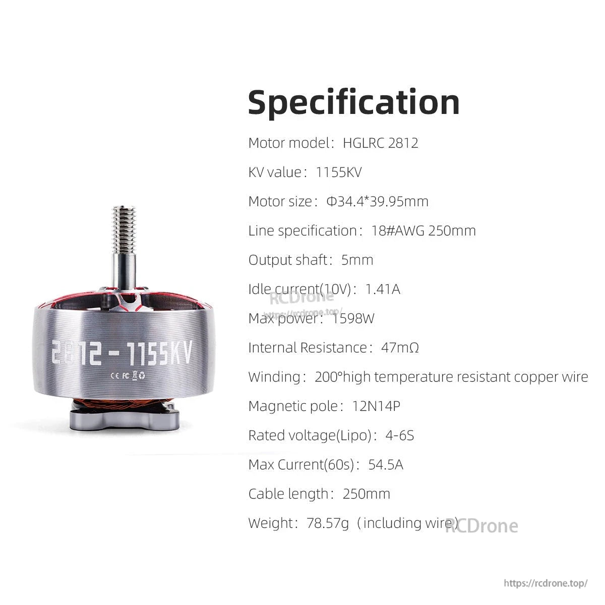 Specification chart for HGLRC 2812 motor showing 1155KV, 5mm shaft and 4-6S rating