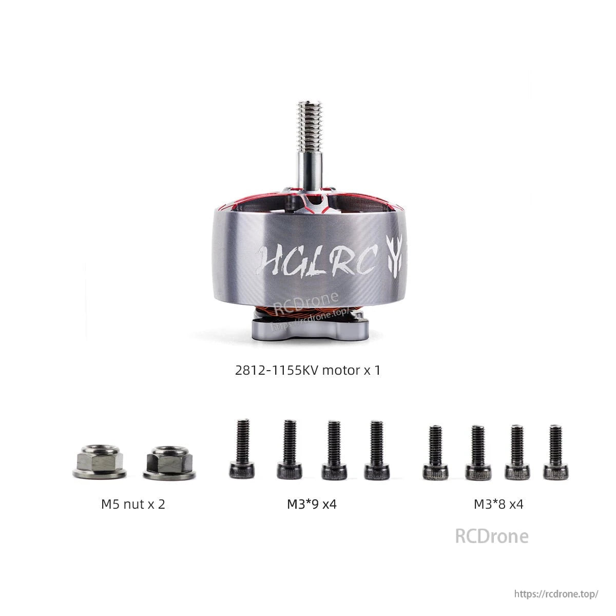 Package contents: 2812-1155KV motor with M5 nuts and M3x9 and M3x8 mounting screws