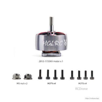 Package contents: 2812-1155KV motor with M5 nuts and M3x9 and M3x8 mounting screws