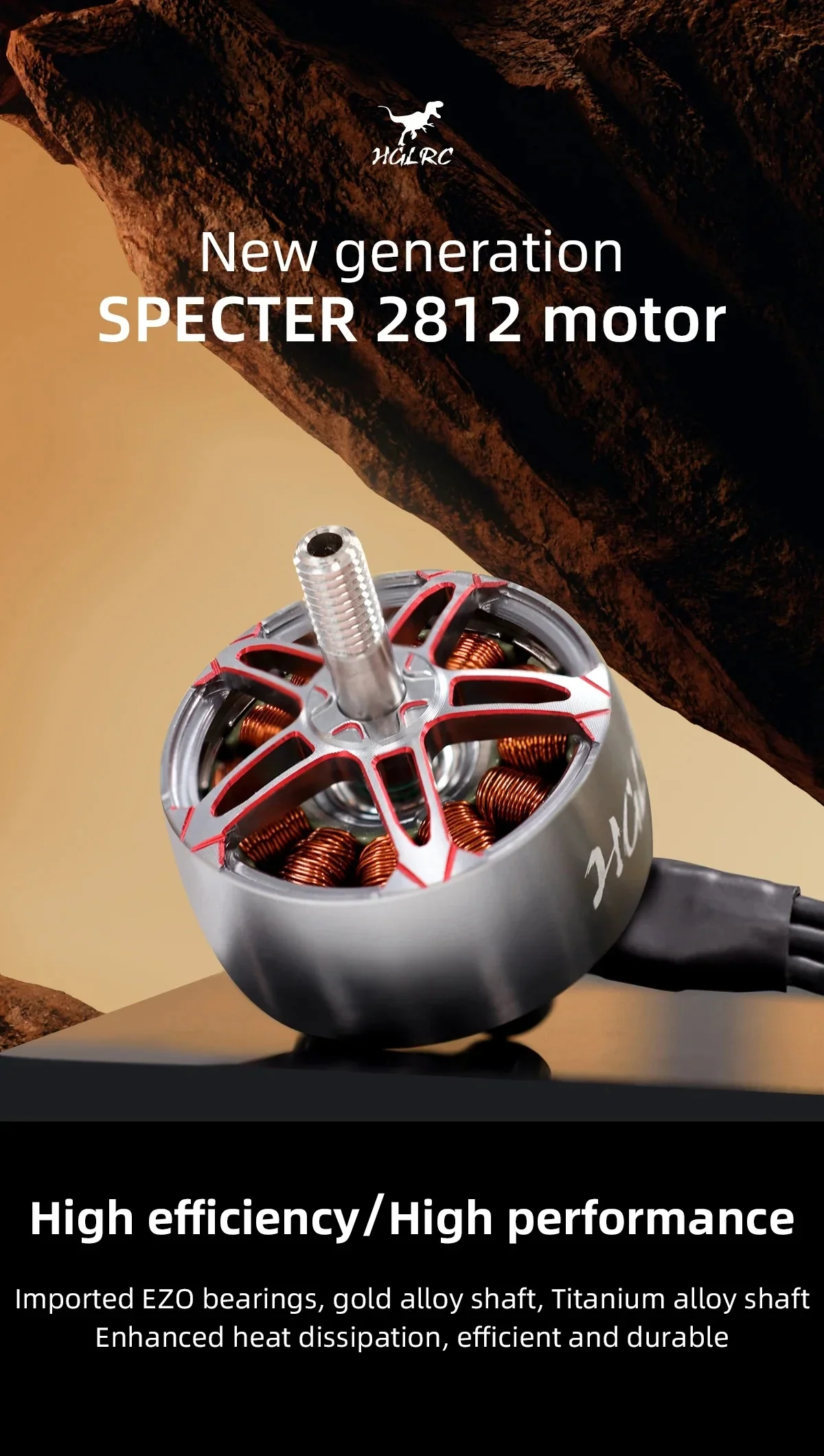 HGLRC SPECTER 2812 1155KV brushless motor close-up with two-color anodized rotor and threaded shaft