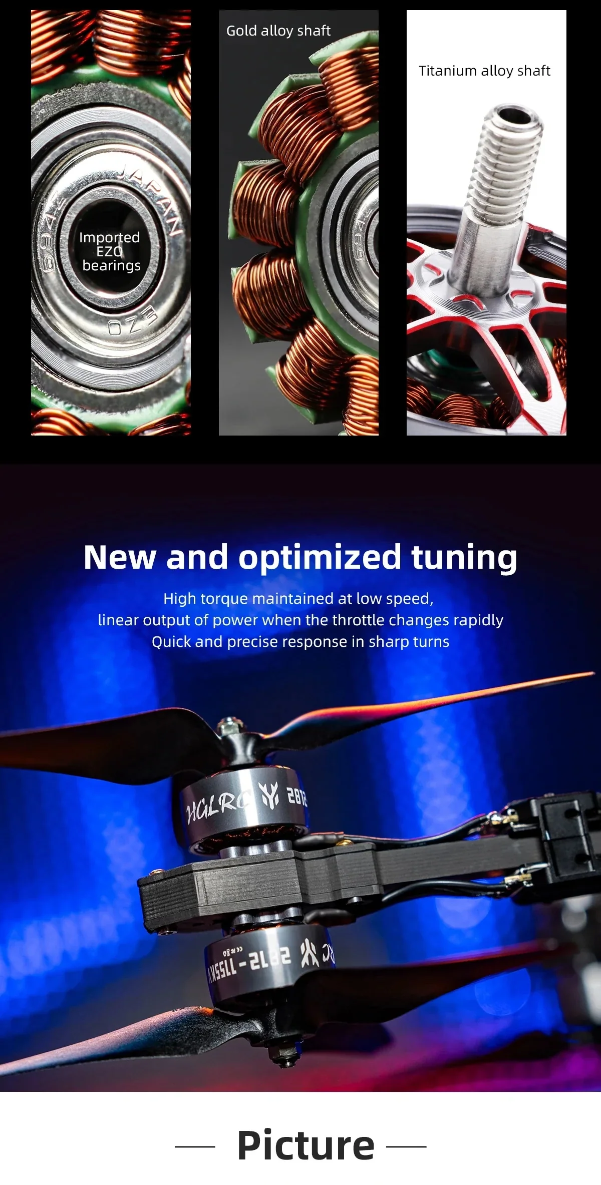 EZO bearing, gold alloy shaft and titanium alloy shaft detail on the SPECTER 2812 motor components