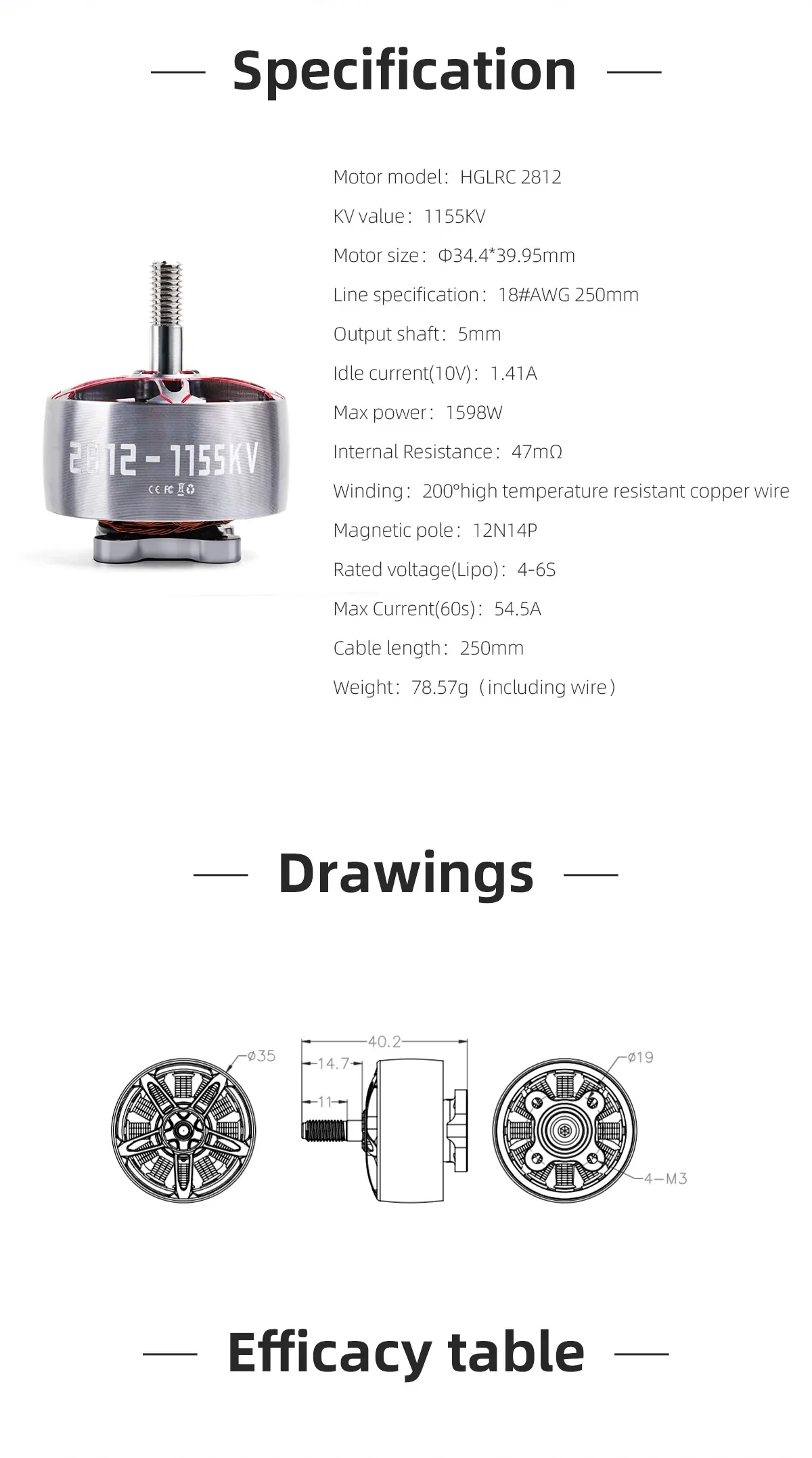 HGLRC SPECTER 2812 1155KV brushless motor specification sheet with dimensions, 4–6S rating and 12N14P layout
