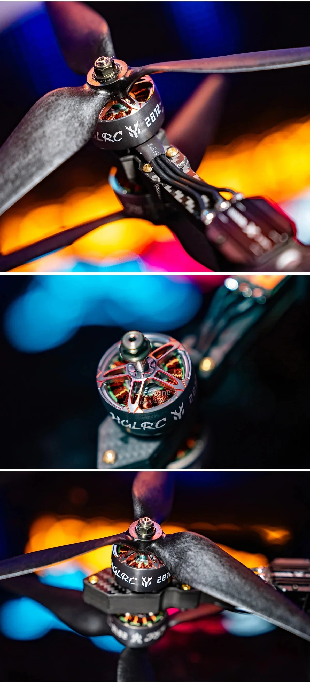 HGLRC 2812 motor installed on a multirotor arm with propeller, highlighting open-bell airflow and wiring