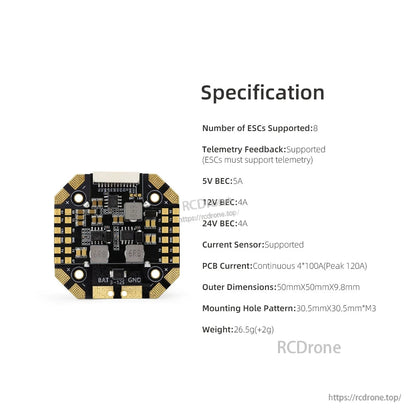 Specification sheet for distribution board listing BEC outputs, telemetry support, dimensions and weight