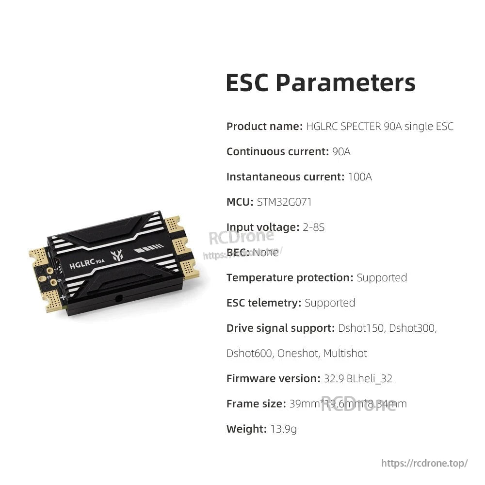 ESC parameters spec sheet for HGLRC SPECTER 90A single ESC with continuous 90A and other details