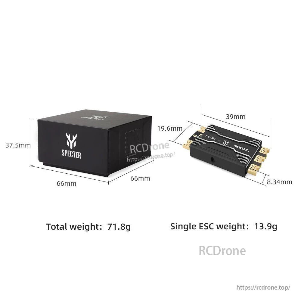 Size and weight diagram showing SPECTER box and ESC dimensions plus 13.9 g single ESC weight