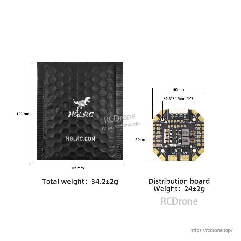 Distribution board size diagram with 30.5 x 30.5 mm mounting pattern and 24 g weight callout