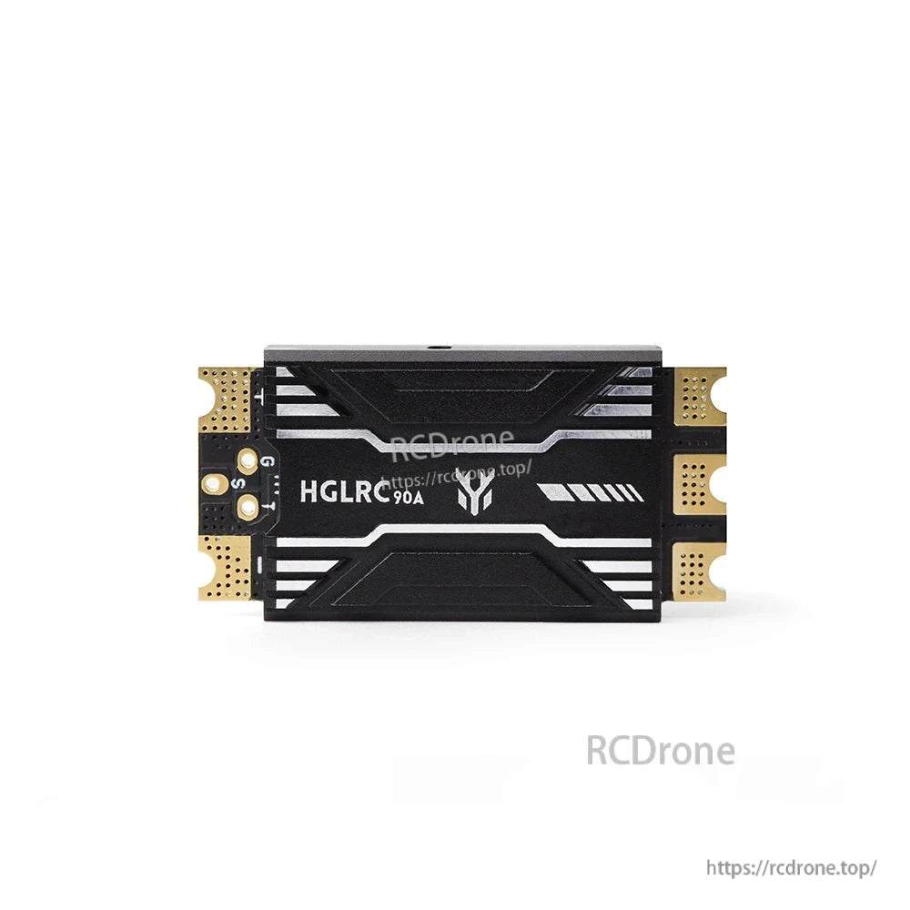 Front-facing view of ESC case with HGLRC 90A logo and gold solder pads on both ends