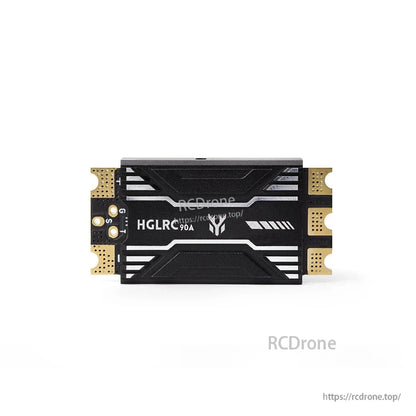 Front-facing view of ESC case with HGLRC 90A logo and gold solder pads on both ends