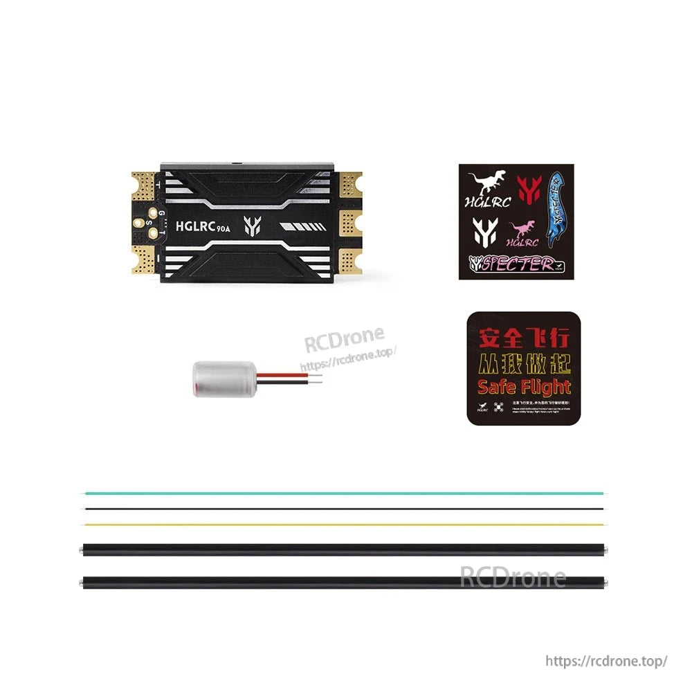 Package contents: 90A ESC module, stickers, safety card, capacitor and heat-shrink tubes