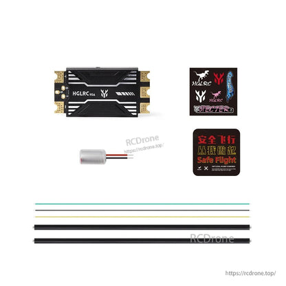 Package contents: 90A ESC module, stickers, safety card, capacitor and heat-shrink tubes