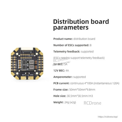Distribution board parameters chart showing ESC support count, BEC outputs, size and weight