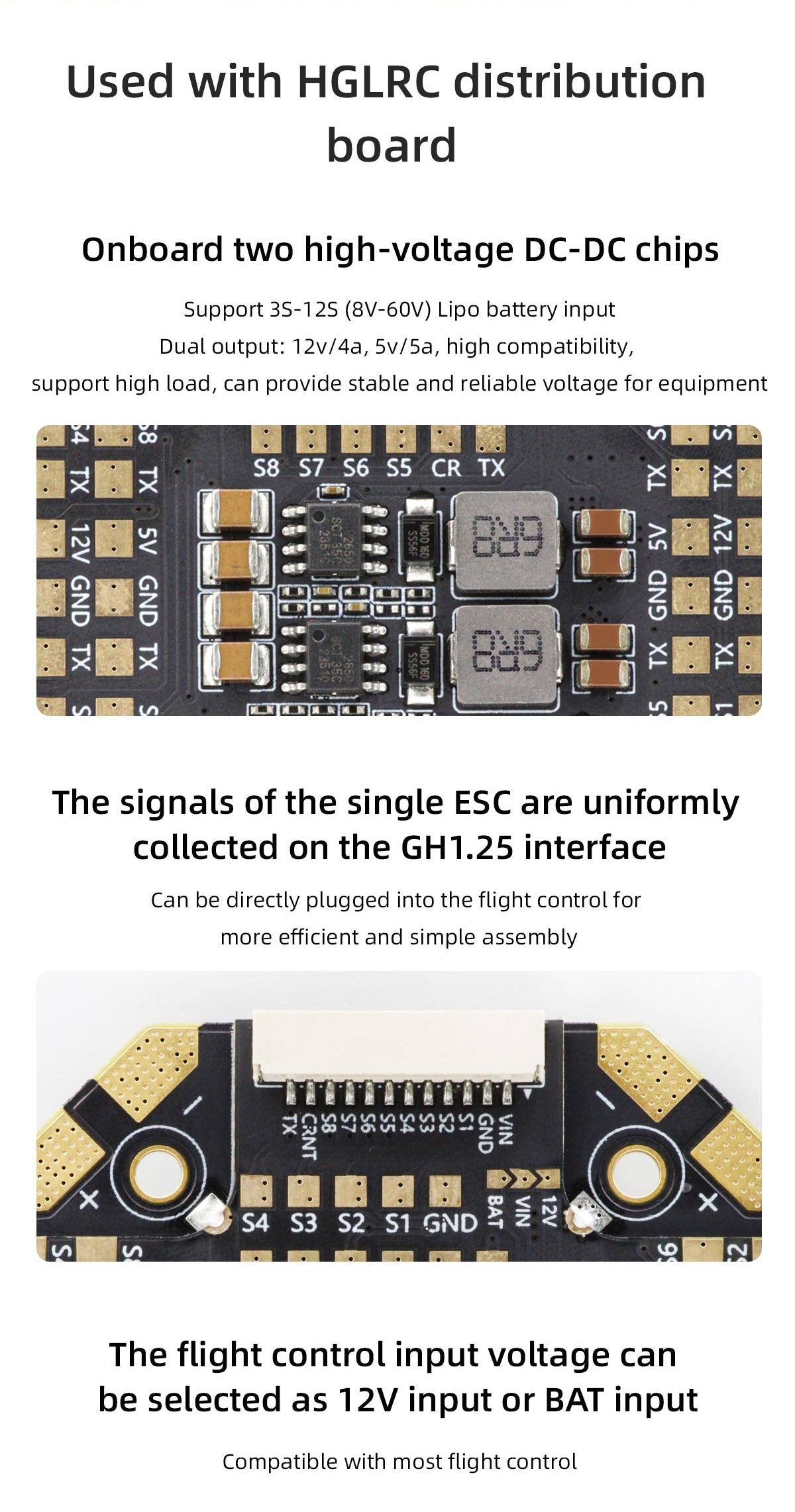 HGLRC distribution board close-up showing GH1.25 connector and selectable 12V or BAT flight controller input pads