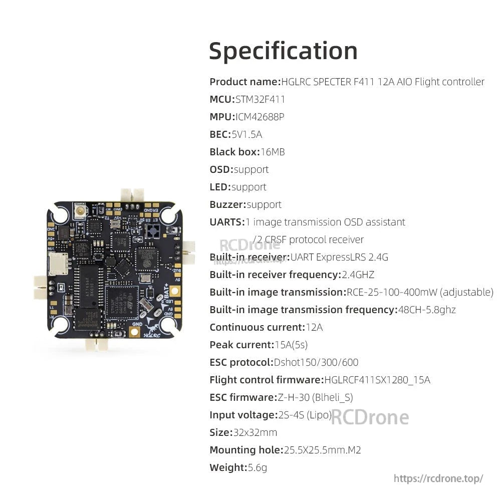 Specification sheet for HGLRC SPECTER F411 12A AIO flight controller with feature list text