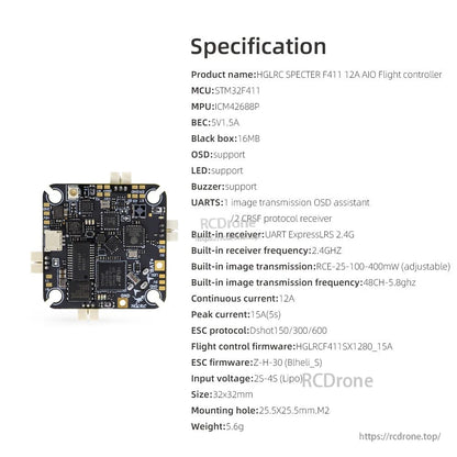 Specification sheet for HGLRC SPECTER F411 12A AIO flight controller with feature list text