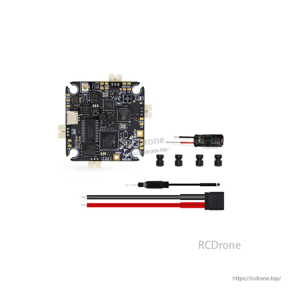 Package contents: AIO flight controller, capacitor, rubber grommets, battery lead cable, and antenna