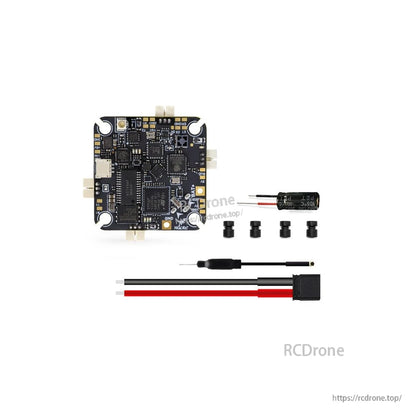 Package contents: AIO flight controller, capacitor, rubber grommets, battery lead cable, and antenna