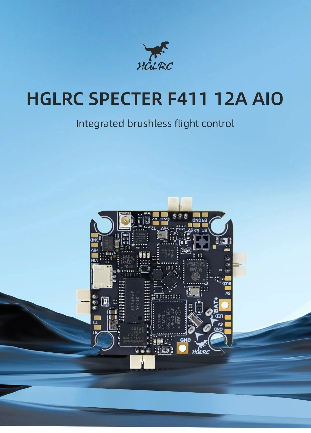HGLRC SPECTER F411 12A AIO Flight Controller board top view with connectors and labeled pads