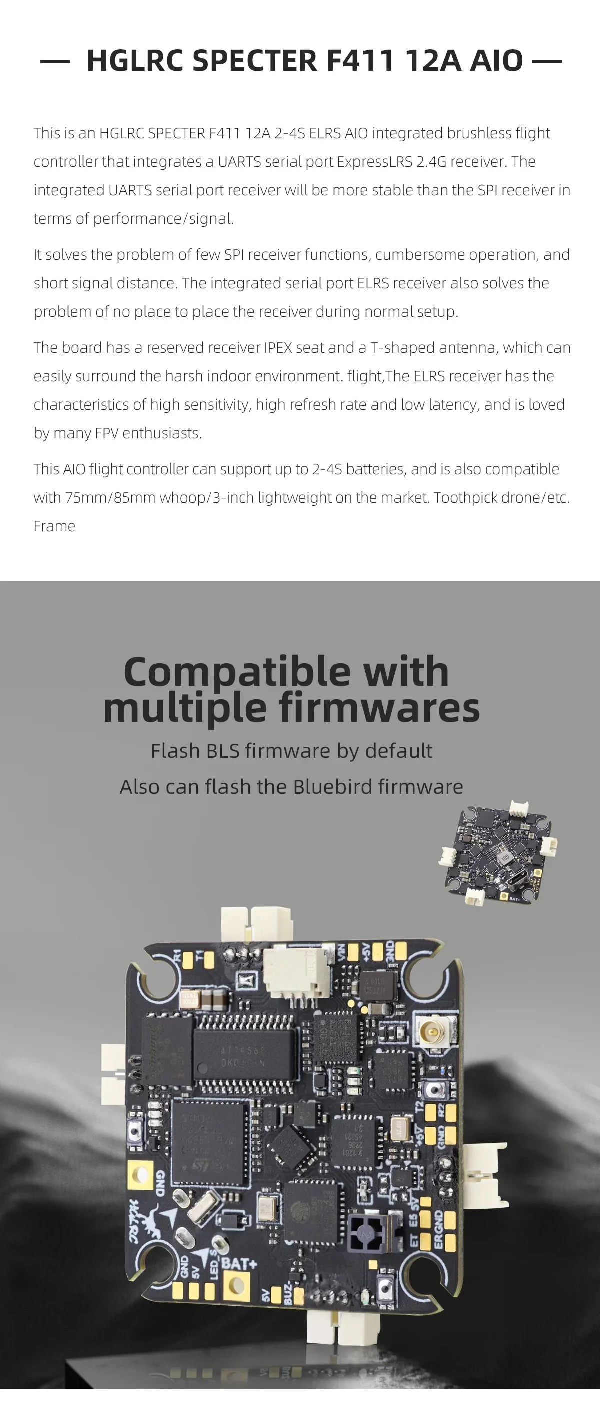 HGLRC SPECTER F411 12A AIO close-up with text highlighting compatibility with multiple firmwares