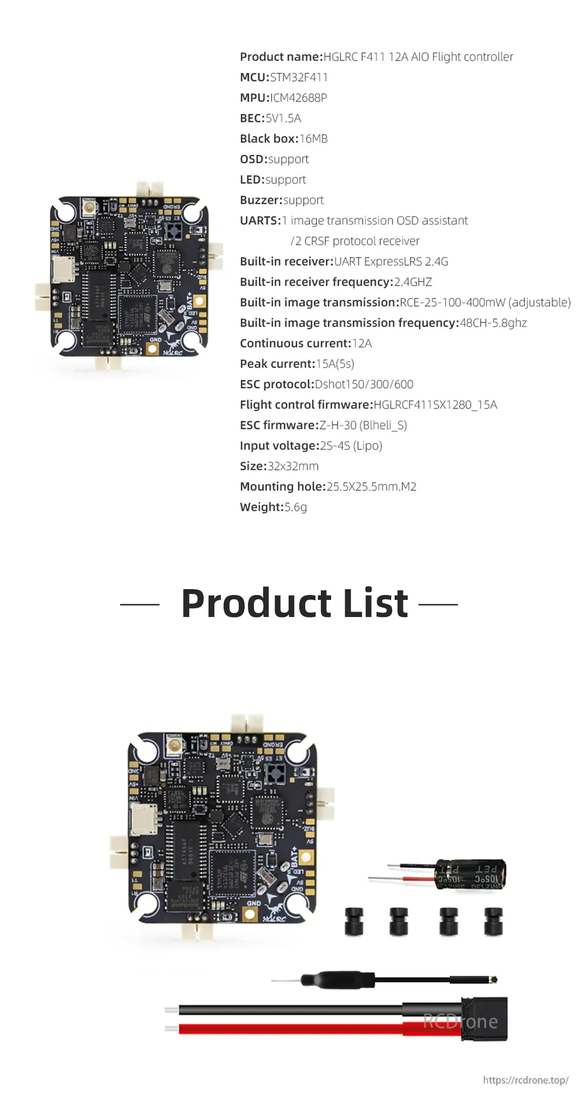 Specification list and in-the-box accessories for the HGLRC F411 12A AIO flight controller board