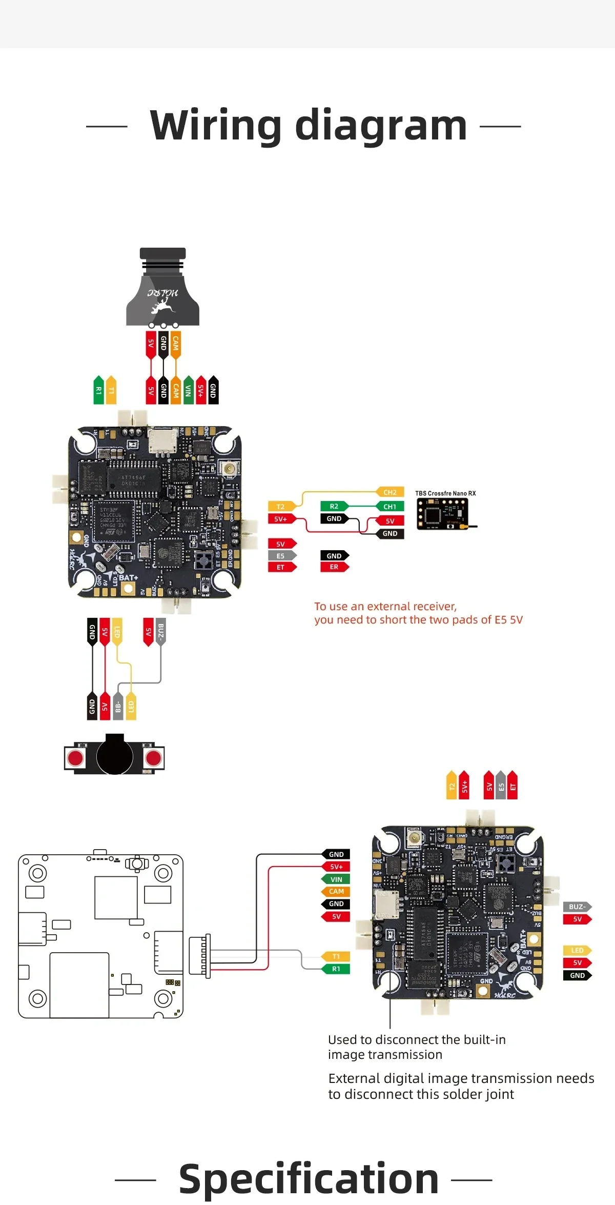 Wiring diagram for the HGLRC SPECTER F411 12A AIO showing camera, receiver, buzzer/LED and power connections