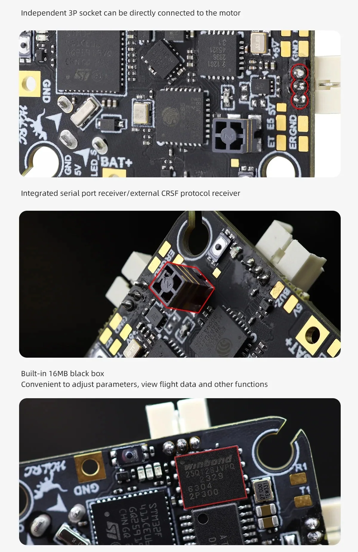Detail close-ups of board solder pads and sockets including 3-pin motor connector area and blackbox chip
