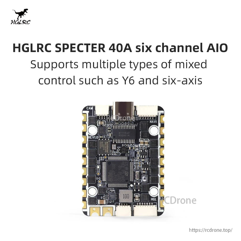 HGLRC SPECTER 40A six-channel AIO graphic showing support for Y6 and mixed control setups