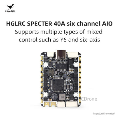 HGLRC SPECTER 40A six-channel AIO graphic showing support for Y6 and mixed control setups