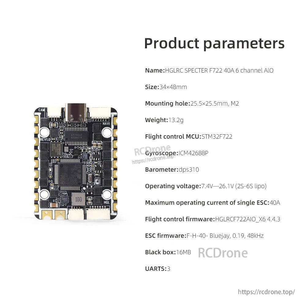 Product parameters chart for HGLRC SPECTER F722 40A AIO: size, mounting holes, voltage, firmware