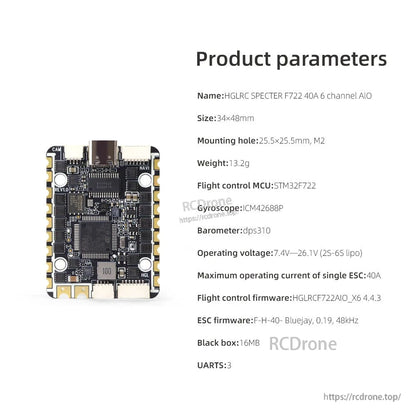Product parameters chart for HGLRC SPECTER F722 40A AIO: size, mounting holes, voltage, firmware