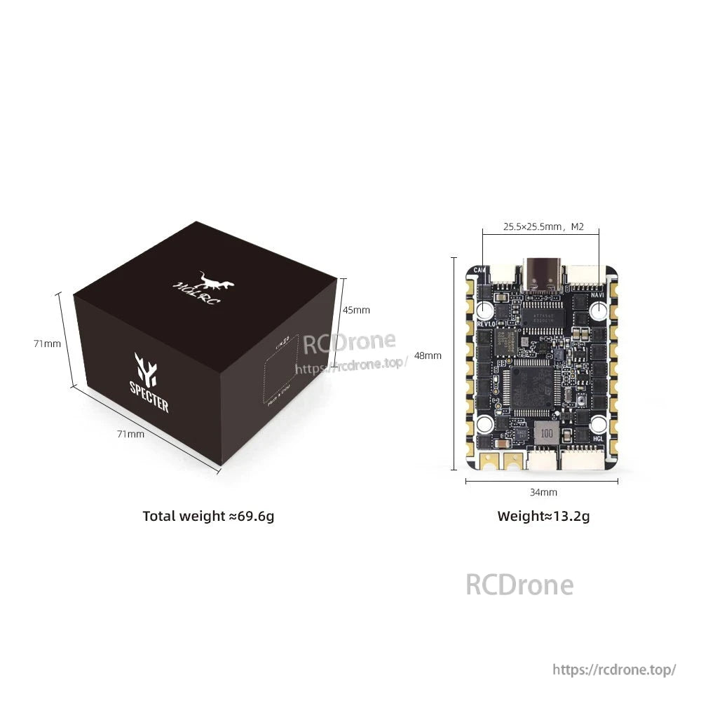 Packaging and size diagram showing SPECTER box, board dimensions 34×48 mm and 25.5×25.5 mm mount