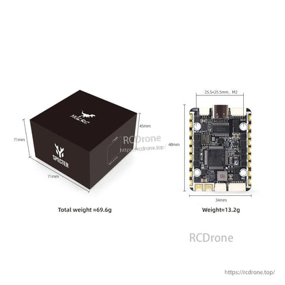 Packaging and size diagram showing SPECTER box, board dimensions 34×48 mm and 25.5×25.5 mm mount
