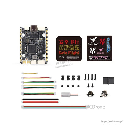 Package contents: SPECTER AIO board, wiring harnesses, screws, grommets, capacitor, stickers, USB adapters