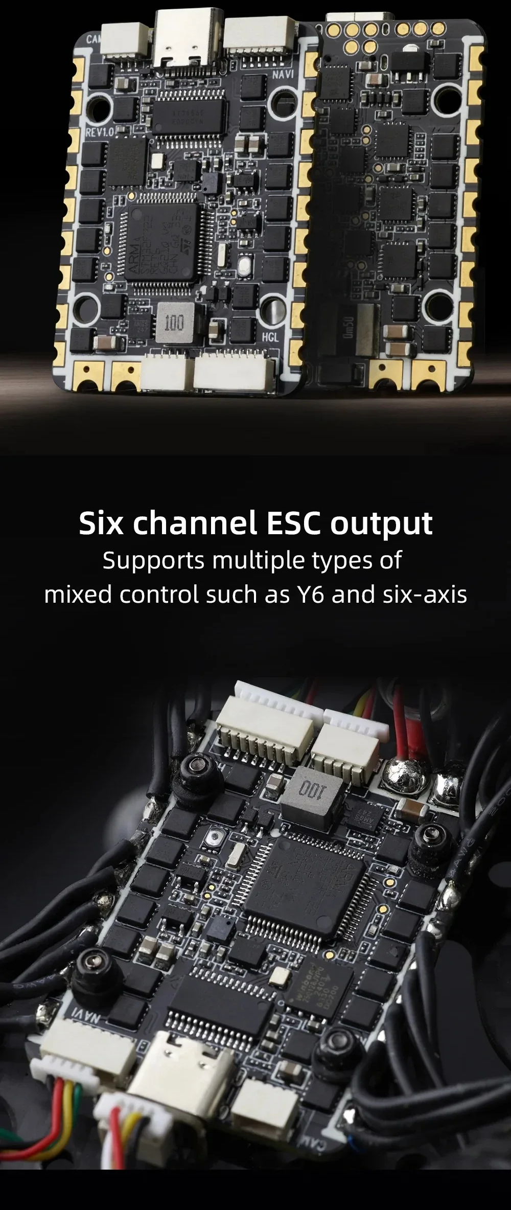 Front and back view of the HGLRC SPECTER AIO board, showing ports, pads, and six ESC output layout