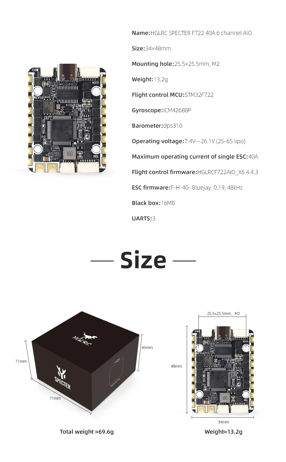 Specification and size chart for HGLRC SPECTER F722 40A 6-channel AIO: 34×48mm board, 25.5×25.5mm M2 mounting, 13.2g