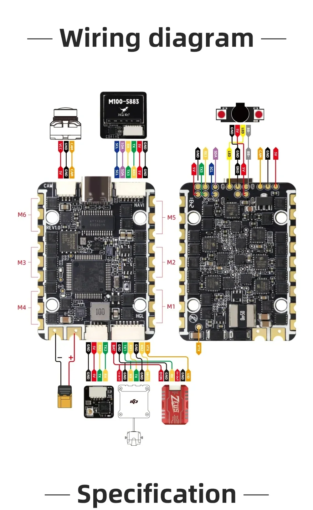 Wiring diagram for SPECTER F722 6-channel AIO, with labeled motor outputs M1–M6 and pads for VTX, RX/TX, LED, and power